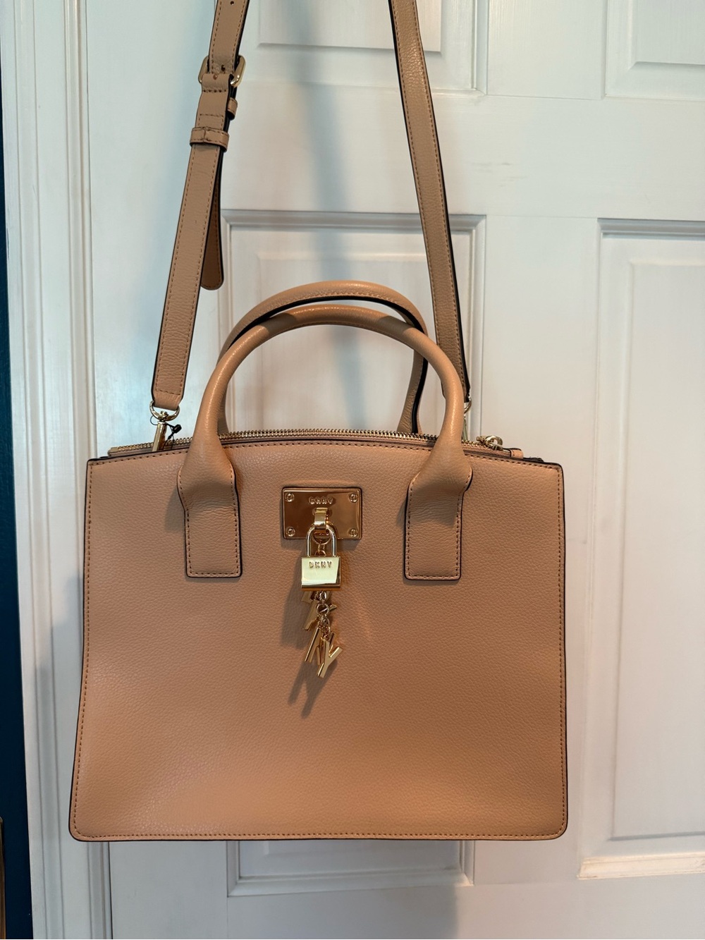 DKNY Elissa Tote - Beige-Tan Pebbled Leather Satchel with Gold Charm Lock
